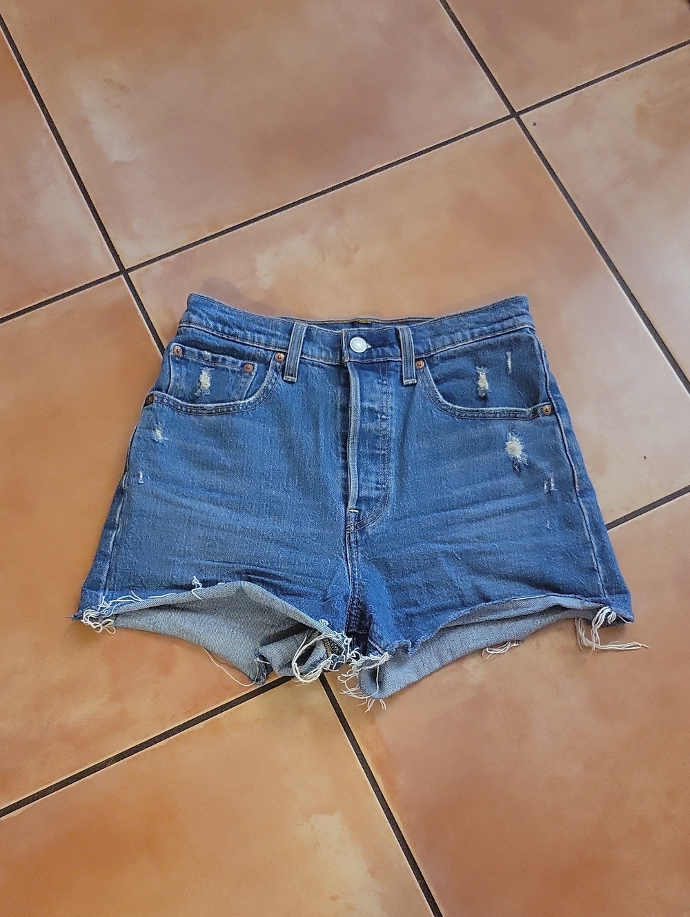 Levi Distressed Blue Denim Ribcage Button Fly Cutoff Shorts 27
